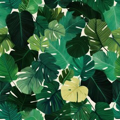 Lush, layered, tropical greenery Monstera and large leaves in shades of green against a light background © Nurul