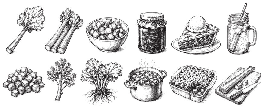 Detailed hand-drawn rhubarb illustrations showcasing various forms from fresh stalks to cooked dishes and desserts, presented in a vintage engraving style