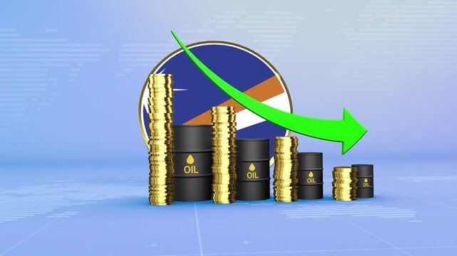 Marshall Islands Oil Prices Decline with Oil Barrels, Gold Coins and Downward Green Arrow, 3D Economic and Financial Market Concept