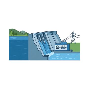Illustration of a hydroelectric dam generating renewable electricity from flowing water.