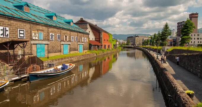 Otaru Canal Day Timelapse: Historic Stone Warehouses and Scenic Waterway, Hokkaido, Japan - Wide Angle Shot