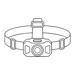 Minimalist hand-drawn vector icon of an adjustable strap headlamp, clean outline line art illustration designed for outdoor adventure, camping gear, and equipment branding assets, fully scalable for © Tanvir