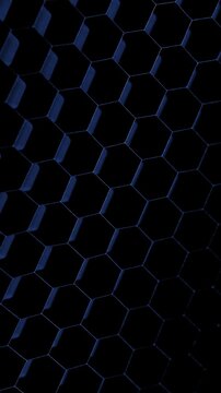 Dark Hexagonal Honeycomb Grid. Blue rim light reveals a deep black cellular structure during smooth camera movement. 