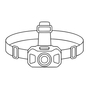 Minimalist hand-drawn vector icon of an adjustable strap headlamp, clean outline line art illustration designed for outdoor adventure, camping gear, and equipment branding assets, fully scalable for