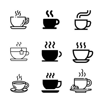Set of coffee and tea cup icons, hot beverage symbols, vector illustration, PNG