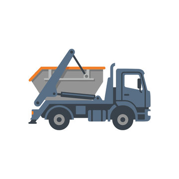 A waste transport truck with a skip loader is lifting a dumpster on an industrial site.