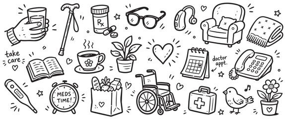 Fototapeta premium Hand-drawn doodle icons representing various aspects of senior care and well-being, isolated on a clean white background