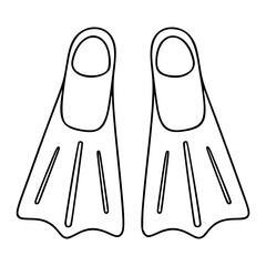 A pair of swim fins vector icon illustration in black and white line art style. Minimalist outline of diving flippers with blades and foot pockets. Hand-drawn style suitable for water sports design. © Aranya