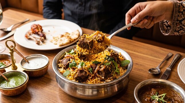 Steaming Bowl of Traditional Lamb Biryani Being Served at a Restaurant Table