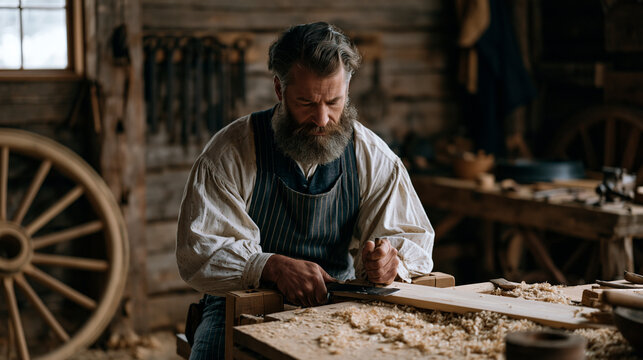 A wheelwright in a rural workshop uses a drawknife to shave a spoke blank clamped in a shave horse, sawdust curling onto a dirt floor where a half-finished wagon wheel rim leans