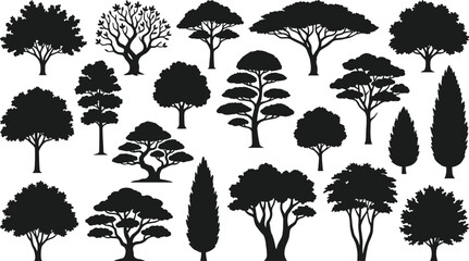Set of diverse black silhouette vector icons featuring various types of deciduous and coniferous trees © MdOsiar