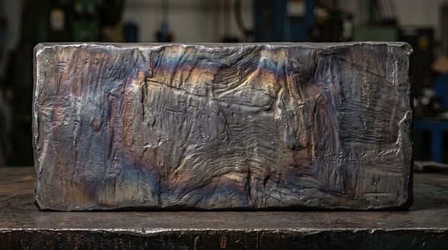 Forged steel billet with heat treatment oxidation colors in industrial workshop