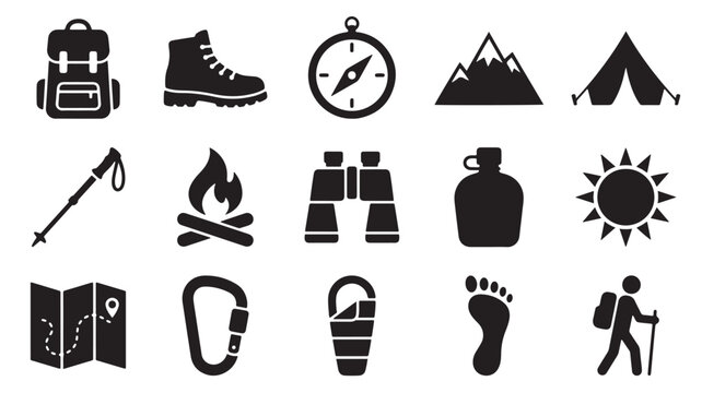 Hiking and camping icons set, 15 outdoor adventure vector elements, black minimalist mountain trekking equipment symbols for travel maps and infographics