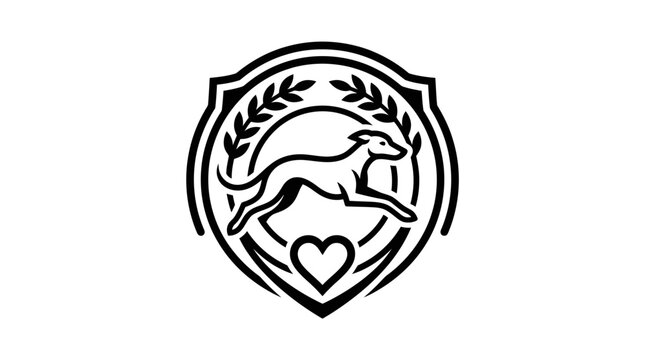 Greyhound jumping in laurel wreath shield with heart.