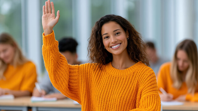 Female student raising hand in classroom for active learning university course and education content
