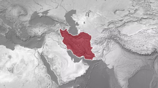 Iran highlighted in red on detailed world map for geopolitical news background