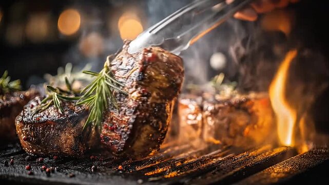 Grilled beef steaks with rosemary on smoking barbecue grill with fire