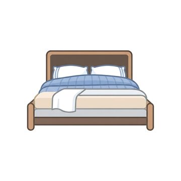 Simple flat vector illustration of a comfortable double bed with pillows and bedding.