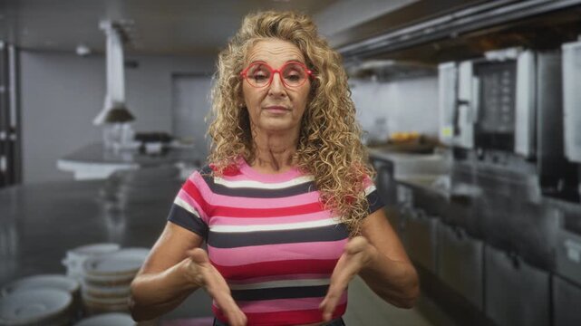 Woman with red round glasses and striped pink top shows palms up shrug beside stacked plates and stainless ovens in a kitchen studio; uncertainty.