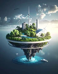 Sustainable floating city on water with green landscape and renewable energy. © Darni