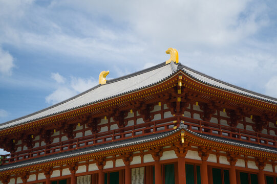 Golden shibi roof ornament detail on Japanese temple, Kofukuji Nara