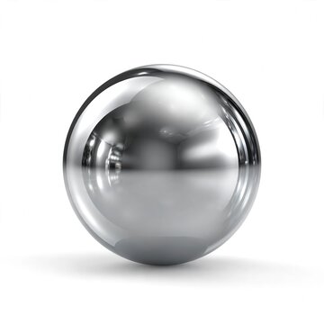 Shiny metal sphere reflecting light standing alone on white background.