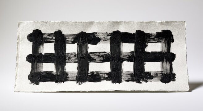 Bold black brushstrokes create a grid-like pattern on textured paper