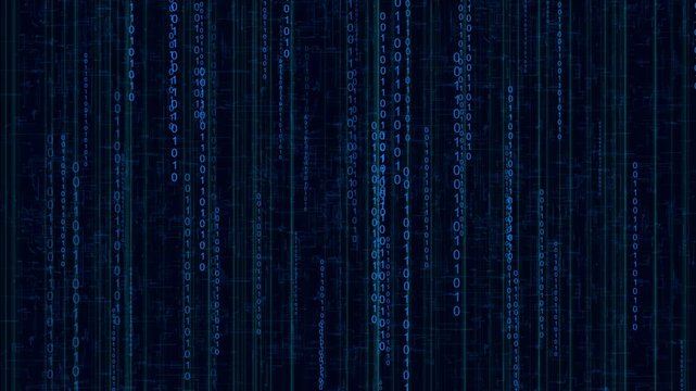 Digital data streams flow smoothly down a dark futuristic background. This digital data stream displays falling binary code strings. Enhance programming videos with this digital data stream.