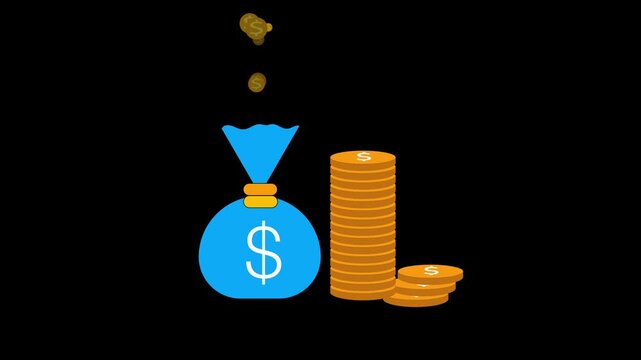 A blue money bag icon sits next to stacks of shiny cash coins. This money bag icon represents commercial wealth and savings growth. Use this money bag icon loop for investment clips.