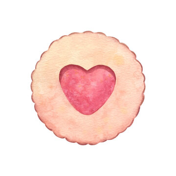 Buttery cookie with heart-shaped jam filling. Hand-painted watercolor illustration isolated on white for bakery branding, print on textile, greeting card, Valentine day design, menu, sticker, cookbook