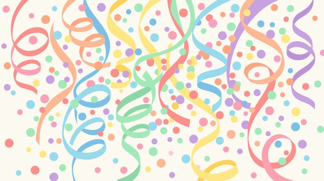 Pastel rainbow party streamers and cheerful paper confetti dots tumbling across a light background, colorful vector celebration backdrop for birthdays, invitations, holidays, carnivals, and events