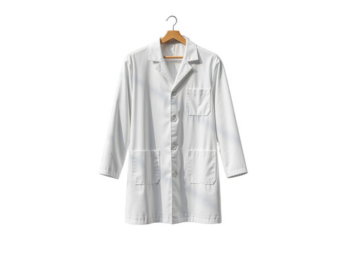 White lab coat hanging on wooden hanger, isolated on transparent background