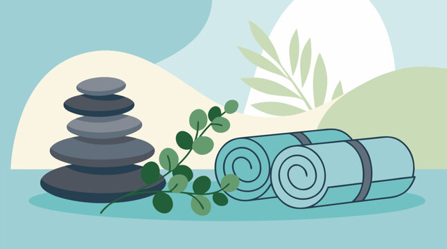 Tranquil spa vector illustration with stacked basalt stones, eucalyptus branch, rolled aqua towels and serene pastel landscape, ideal for wellness, massage, relaxation, beauty and self care branding
