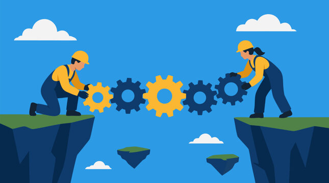 Engineers building a gear bridge between floating cliffs, teamwork and collaboration concept with hard hats, blue sky, connected cogs, innovation, problem solving, vector illustration