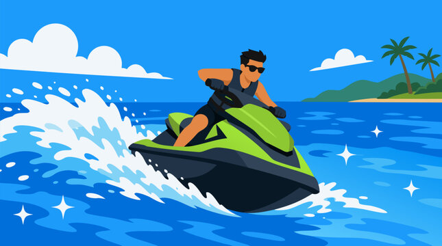 Clean flat vector illustration on a light background of a man riding a green jet ski across tropical blue water, ideal for watersport tourism ads and summer adventure promotions.