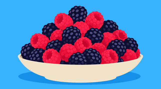 Flat vector illustration of fresh red raspberries and dark blackberries piled high in shallow white ceramic bowl on bright sky blue background, healthy organic summer fruit food graphic design element
