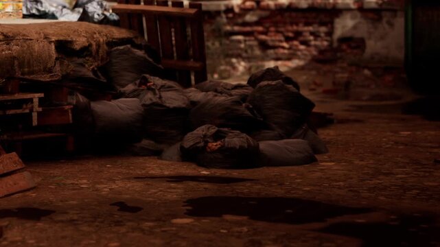 The scene shows a worn out warehouse floor covered in debris and trash. Wooden pallets and bags are visible, along with bricks and puddles of water in low light.