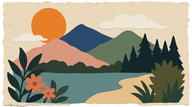 Handmade paper texture landscape illustration with rough deckled edges, featuring mountains, sun, clouds, lake, pine trees, and orange flowers, flat vector style, nature scene, collage aesthetic.