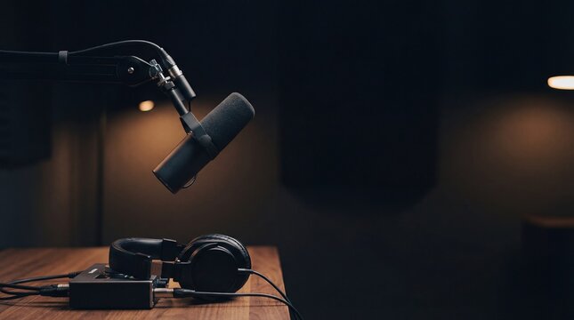 Broadcast microphone on boom arm with headphones audio interface on wooden desk inside dark podcast studio for recording voice media content streaming production online interview concept