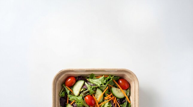 Fresh salad in compostable takeout container with tomatoes cucumber greens carrots on bright white background for healthy lunch delivery meal concept sustainable packaging clean eating takeaway