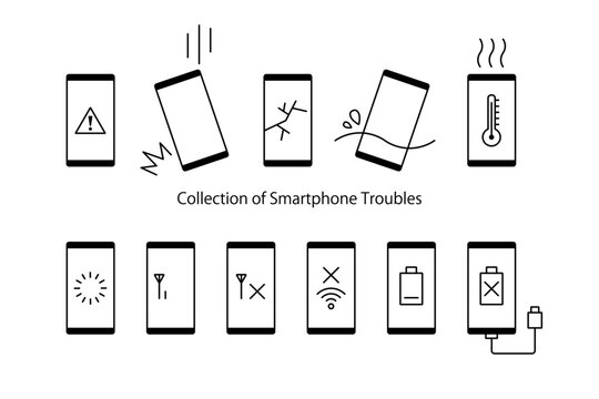落下や画面割れや水没などのスマートフォンの故障やトラブルをイメージしたアイコンセット