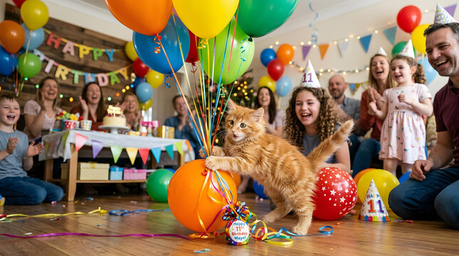 A ginger kitten playfully attacks a balloon at a birthday party with a happy family celebrating