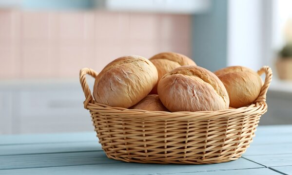 A light brown natural wicker basket filled with several stale rustic bread rolls, the bread clearly old and dry with hard crusts