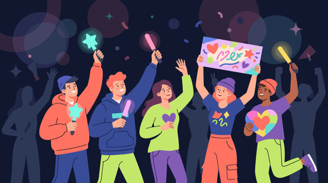 Fan group holding light sticks during concert with cheering audience glow music event celebration fandom support entertainment community energy scene for web banner layout commercial project