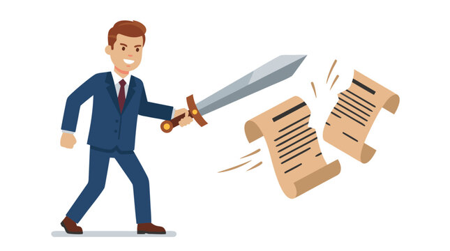 A confident businessman in a blue suit wielding a large sword to slice a contract document in half, symbolizing breaking a deal or terminating an agreement with decisive action and power flat style