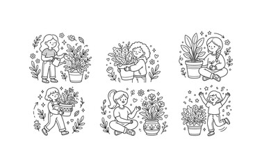 Fototapeta premium People watering and caring for potted plants vector illustration set