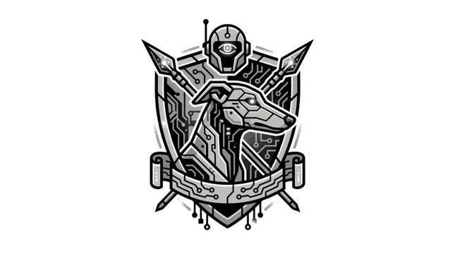 Cybernetic greyhound robot dog shield emblem.