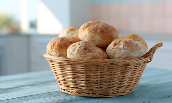 A light brown natural wicker basket filled with several stale rustic bread rolls, the bread clearly old and dry with hard crusts