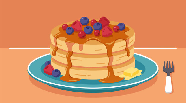 Delicious Stack of Fluffy Pancakes Topped with Fresh Blueberries, Raspberries and Strawberries, Dripping with Golden Maple Syrup and Melted Butter on Blue Plate, Tasty Breakfast Food Illustration