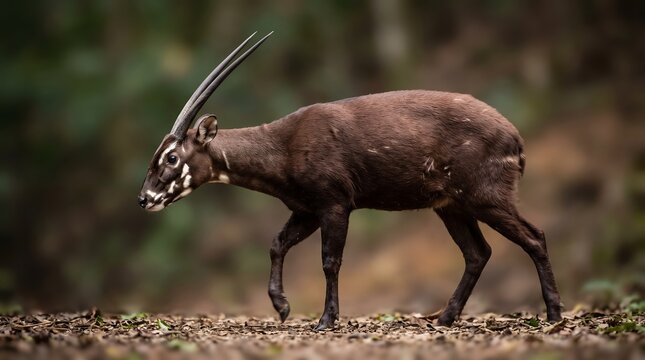 Saola in elegant walking profile with subtle motion, rich brown coat, highly detailed anatomy, isolated background